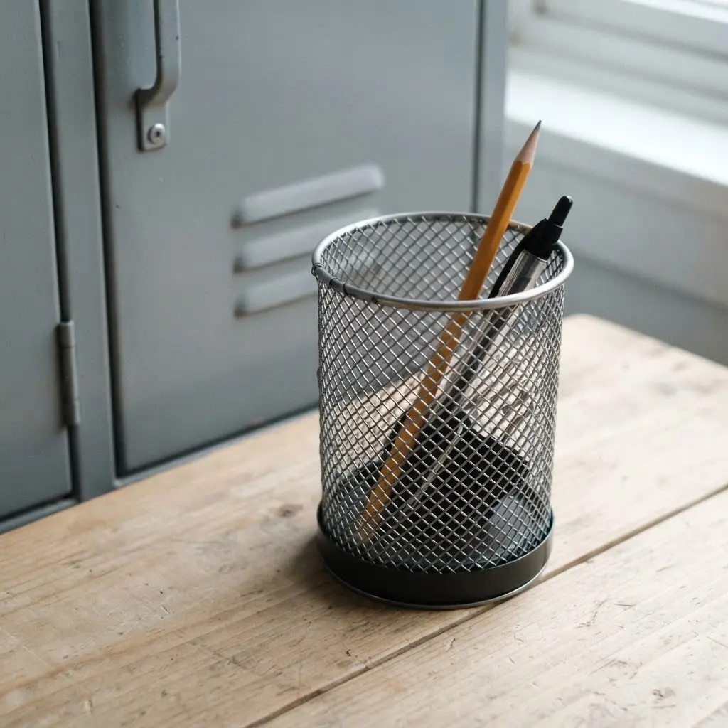 A silver wire mesh cup filled with colorful pens, attached vertically to a locker door with a built-in magnet.