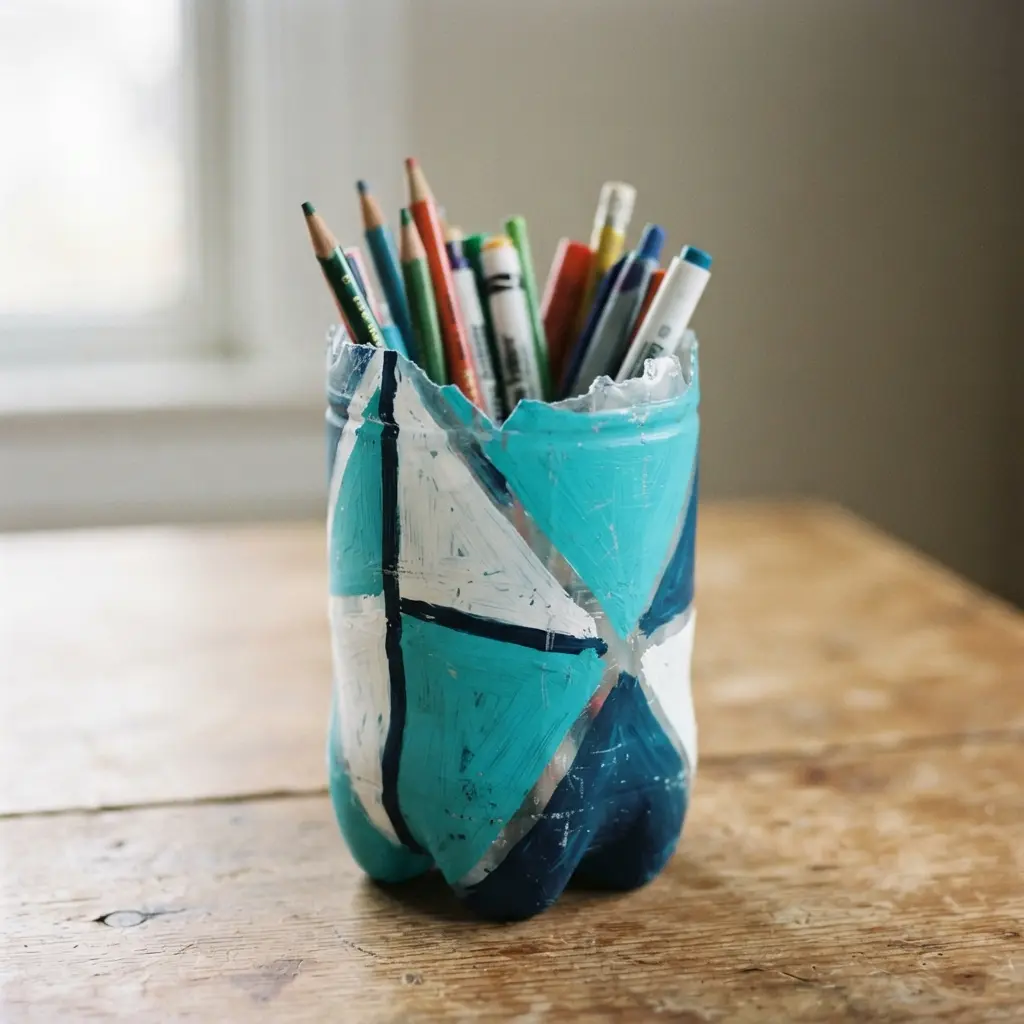 An upcycled plastic bottle cut and painted with bold triangles and lines, functioning as a unique pencil cup.