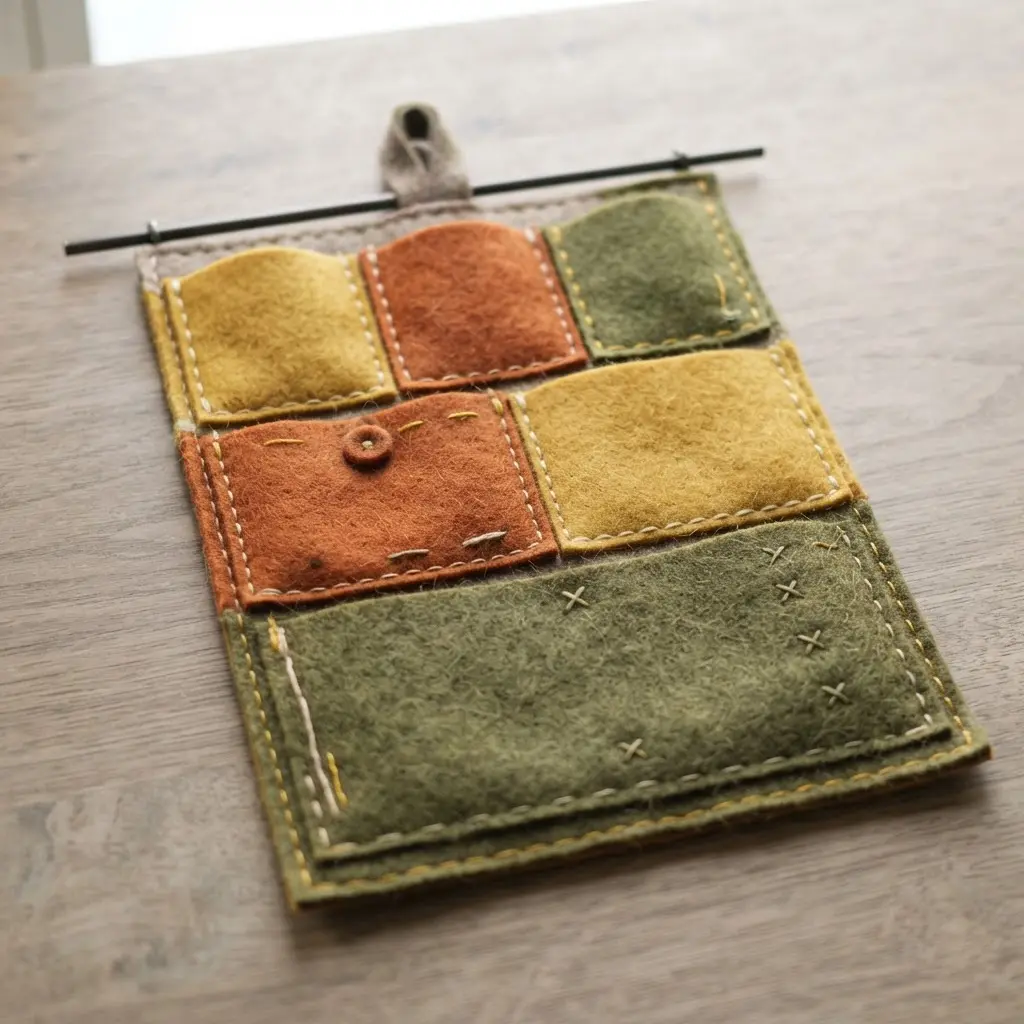 Soft felt pockets in assorted colors hanging from a metal rod, each pocket holding pens and small supplies.