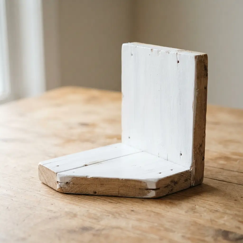 A wooden corner shelf painted white, installed in the upper corner of a locker to hold a cup of pencils.