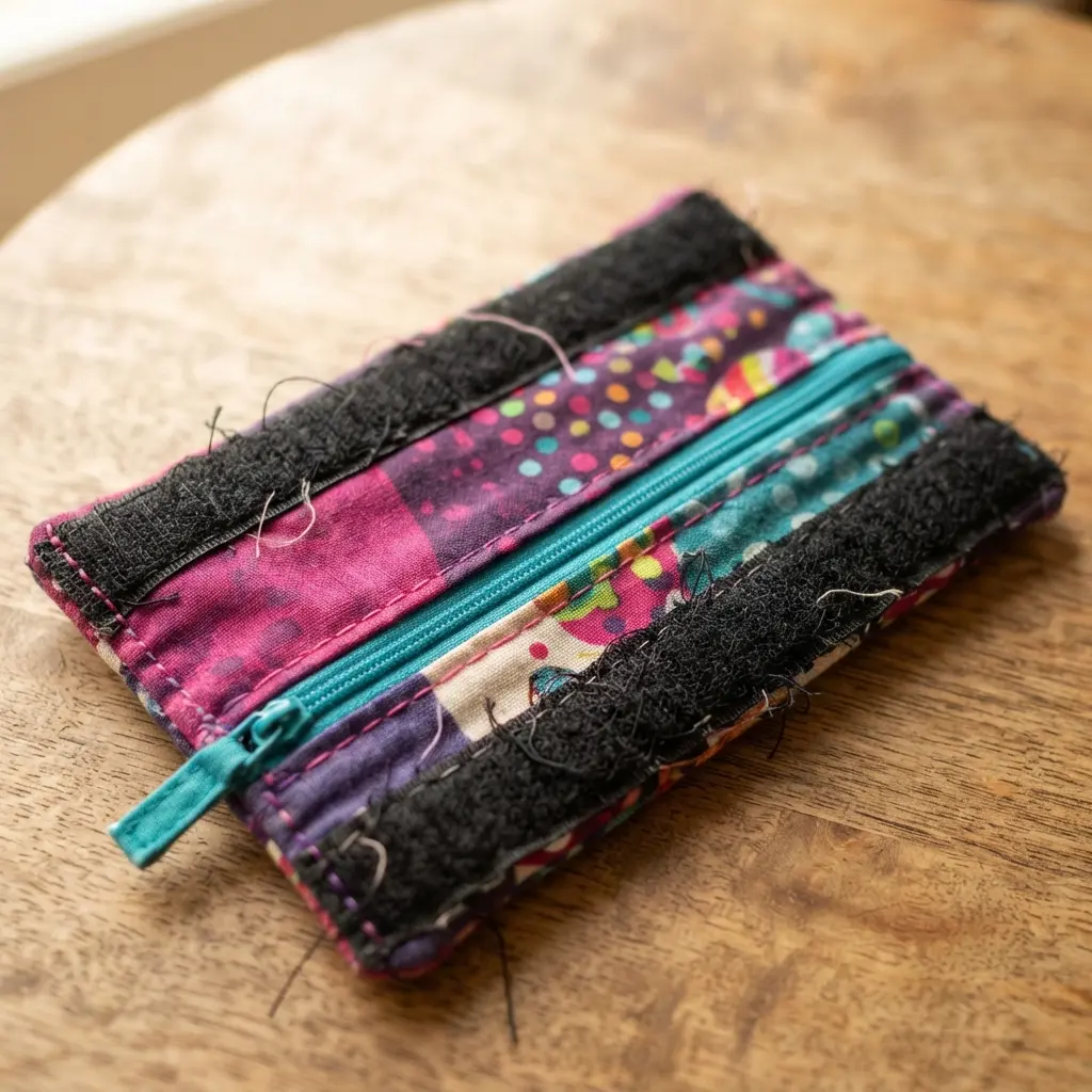 A patterned fabric pencil case with velcro strips on the back, allowing it to be stuck and removed from a locker wall.