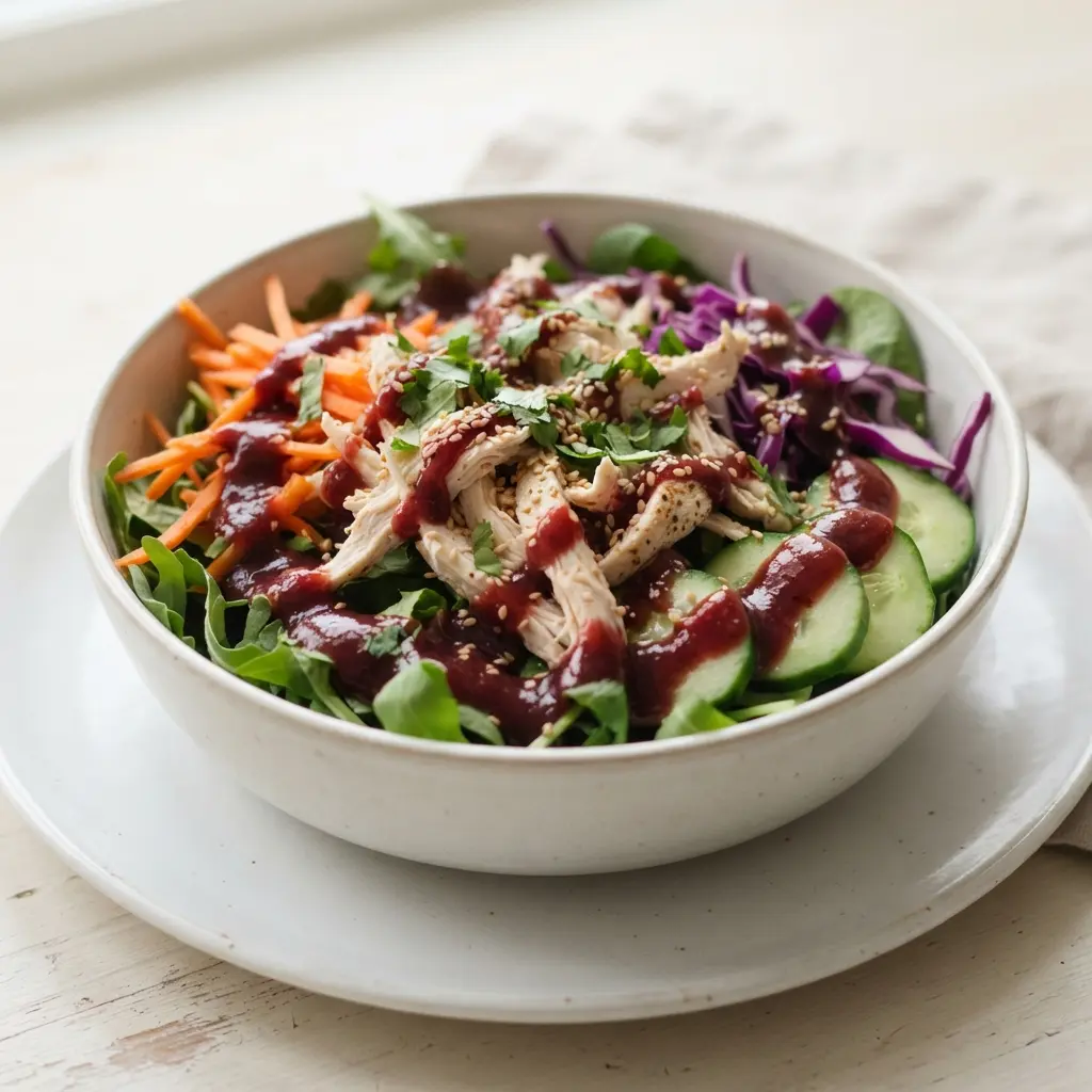 A bowl filled with shredded chicken, shredded carrots, red cabbage, and cucumber on a bed of mixed greens, drizzled with glossy plum sauce dressing.