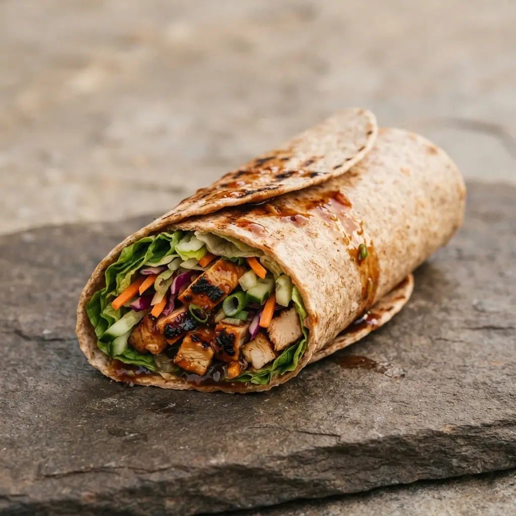 A whole wheat tortilla wrap packed with diced chicken, lettuce, and julienned vegetables, with a visible spicy plum glaze.