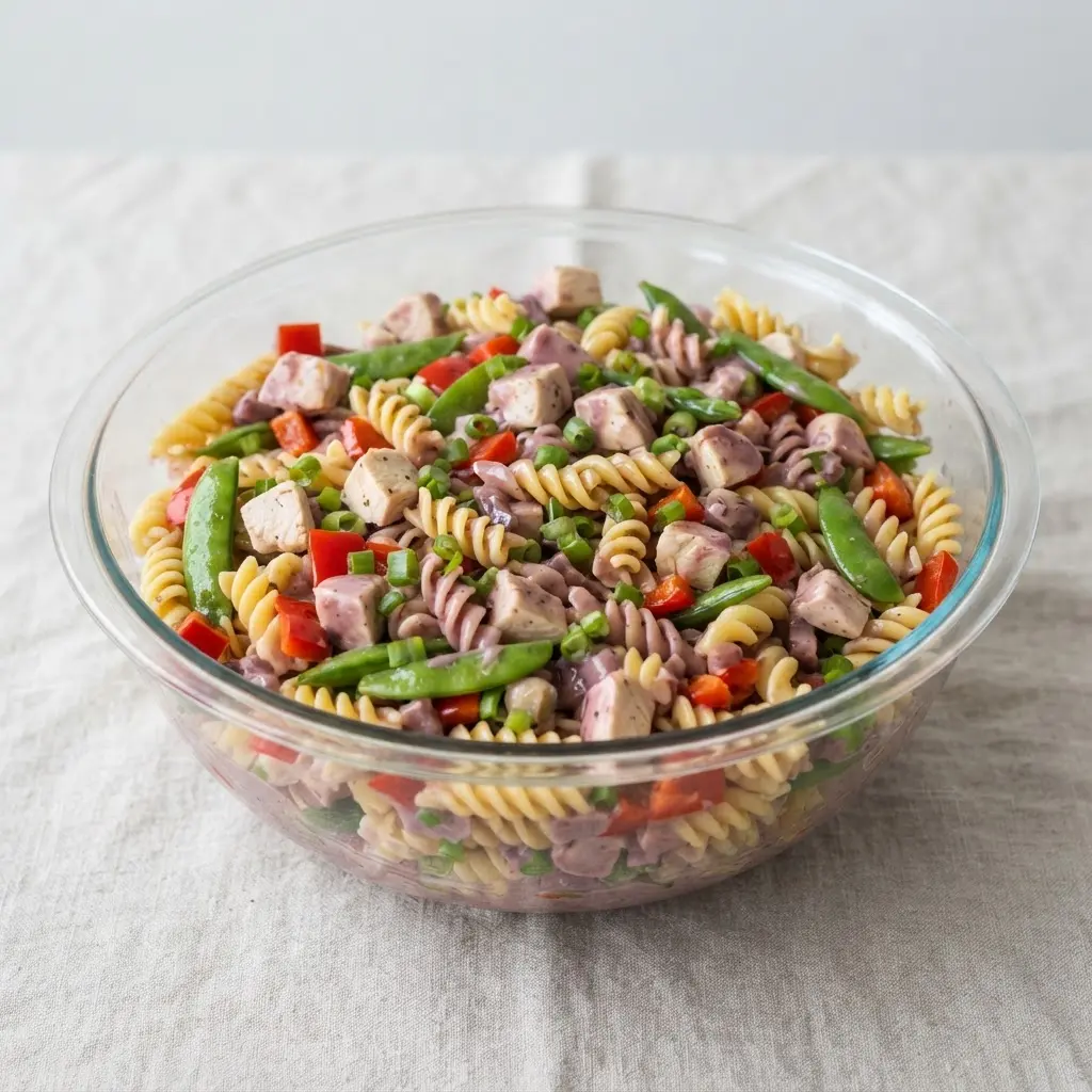 A large serving bowl of fusilli pasta salad with diced chicken, bell peppers, snap peas, and green onions coated in a creamy plum sauce dressing.