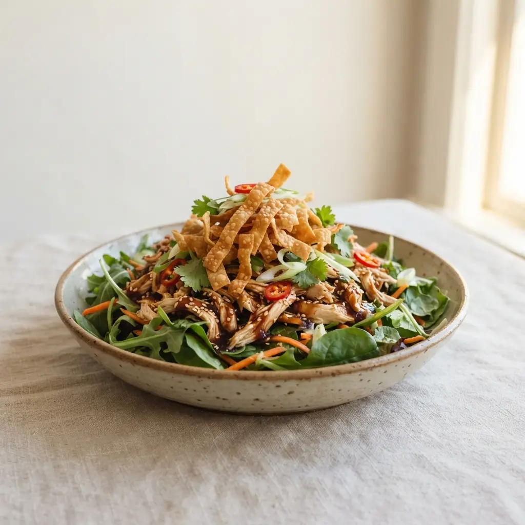 A shallow bowl with mixed greens, shredded plum sauce chicken, crispy fried wonton strips, and toasted sesame seeds.