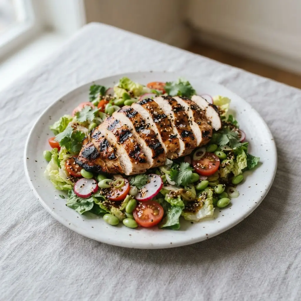 Sliced grilled chicken breast served over a salad of romaine lettuce, cherry tomatoes, and edamame, dressed with a sesame-flecked plum sauce.