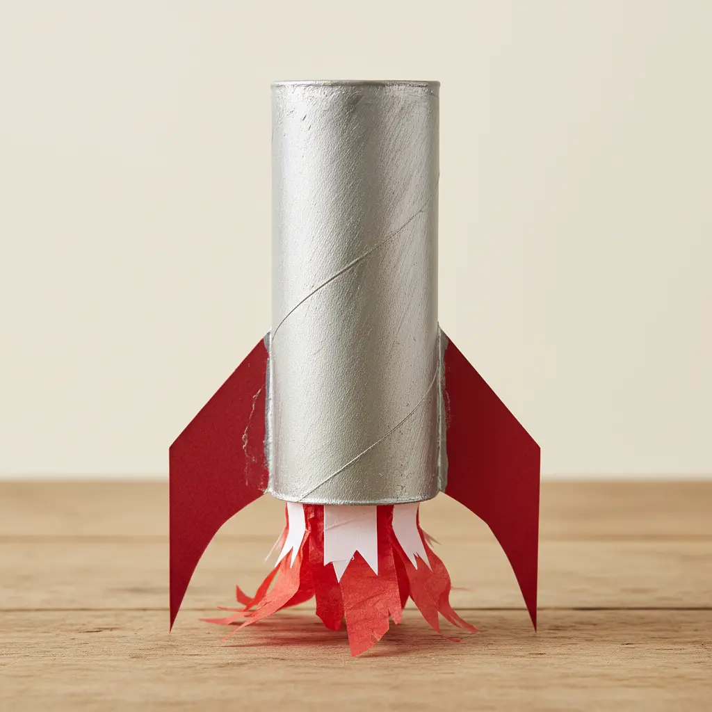 Toilet paper tube painted silver with construction paper fins and a red tissue paper flame bursting from the bottom.