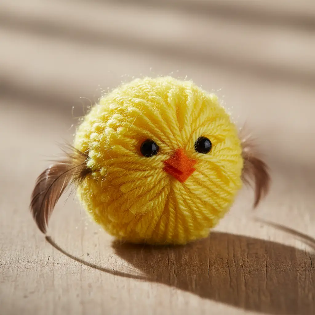A yellow yarn pom-pom chick with two small brown feather wings, black googly eyes, and an orange felt beak.