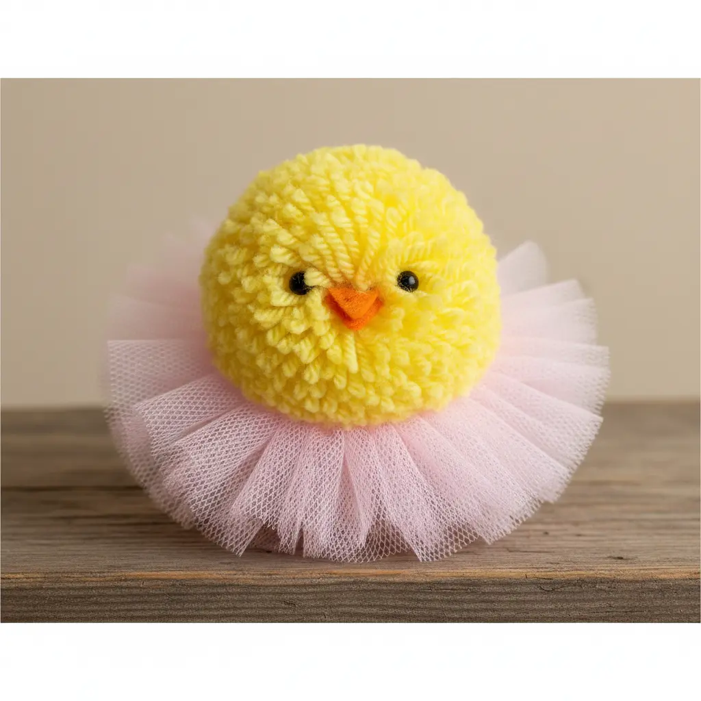 A yellow pom-pom chick with layered pink tulle around its base, black eyes, and an orange beak, displayed on a wooden shelf.