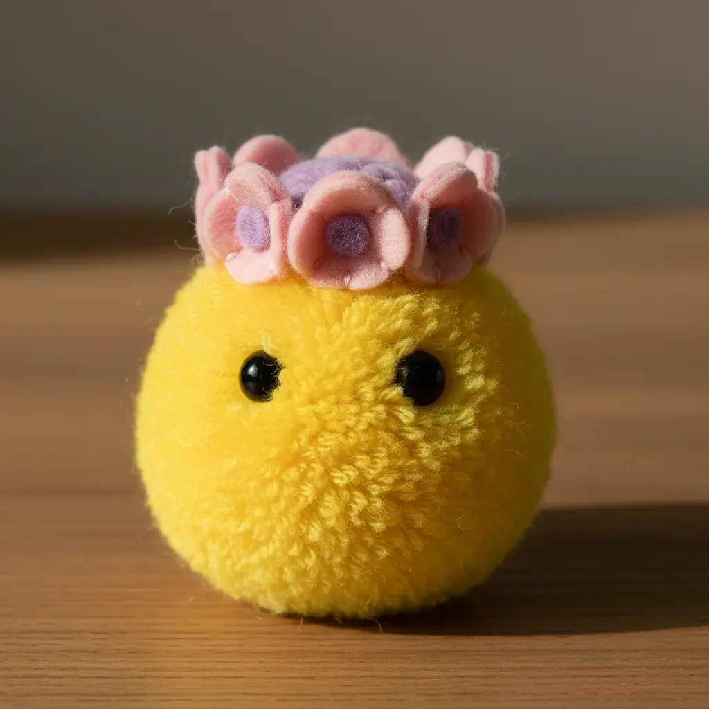 A yellow pom-pom chick with pink and purple felt flower crown, black eyes, and orange beak on a blue surface.