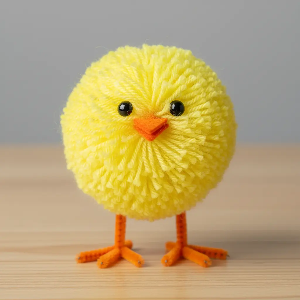 A yellow pom-pom chick with bright orange pipe cleaner legs and feet, black eyes, and an orange felt beak stands upright.