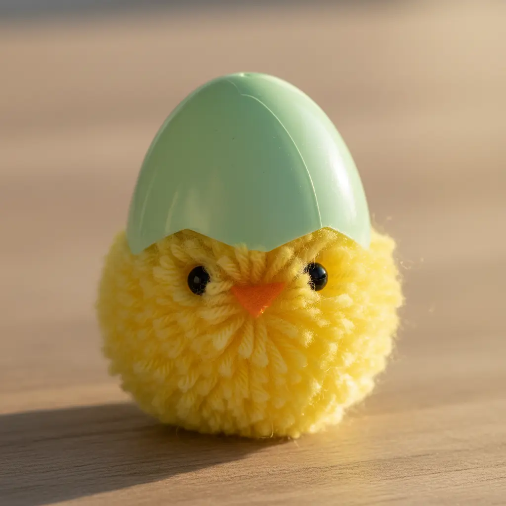 A small pom-pom chick wearing a pastel green plastic Easter egg half as a hat, with black eyes and a tiny orange beak.