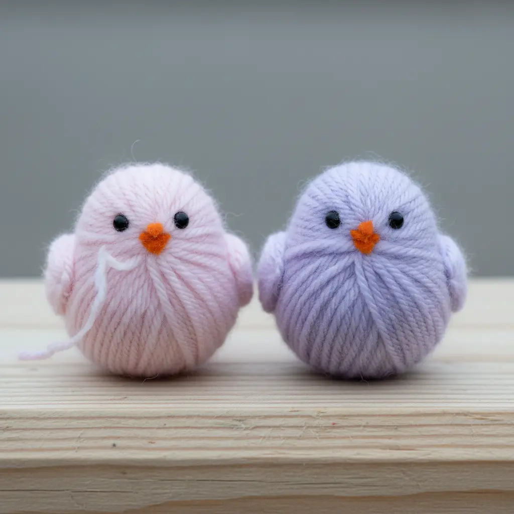 Two pom-pom chicks side by side, one in light pink yarn and one in soft lavender, both with black eyes and orange felt beaks.