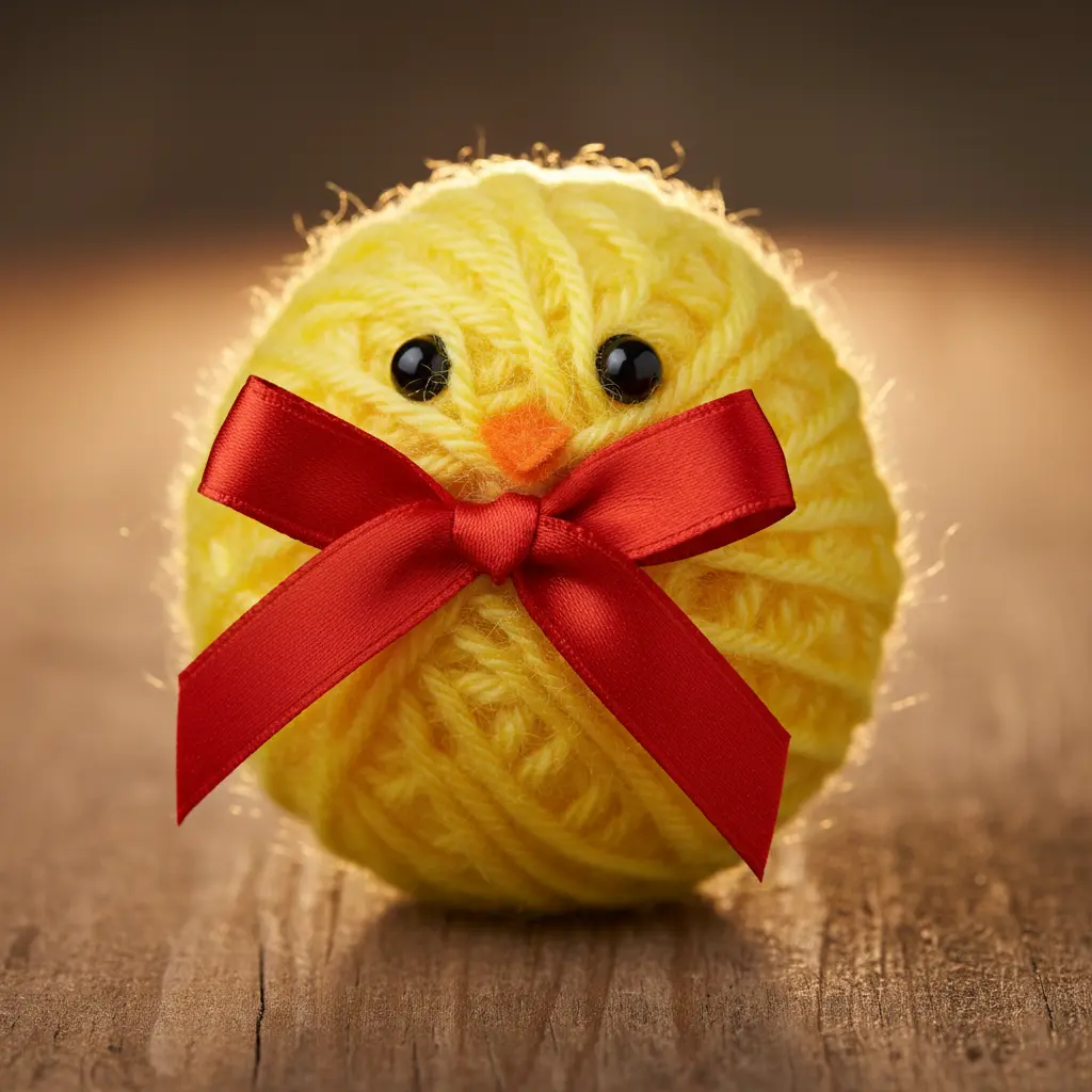 A yellow pom-pom chick with a shiny red silk bow tie glued below its beak, black googly eyes, and orange felt feet.