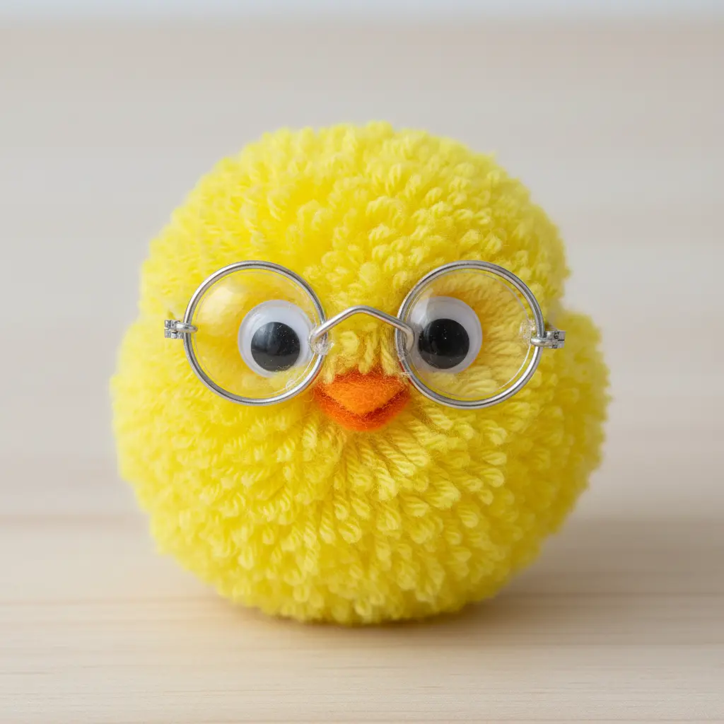 A yellow pom-pom chick with round wire rim glasses perched on its face, black eyes behind the lenses, and a small orange beak.