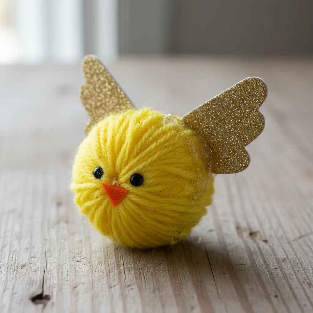 A yellow pom-pom chick with glittery gold foam wings, black eyes, and an orange beak, set on a white background.
