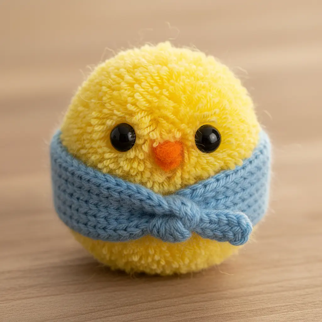 A fluffy yellow pom-pom chick with a small knitted blue yarn scarf wrapped around its neck, black eyes, and orange felt beak.