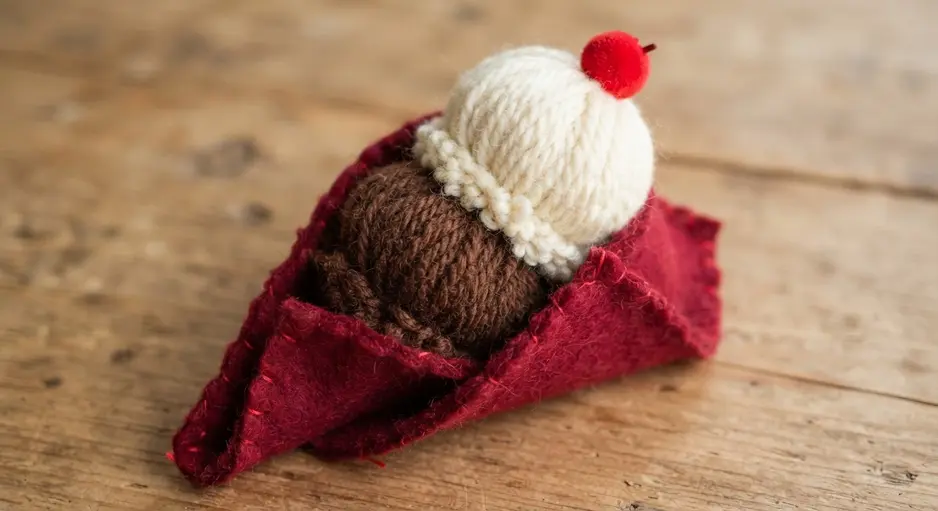 A red felt cone holding a chocolate and vanilla yarn pom pom sundae with a red pom pom cherry.