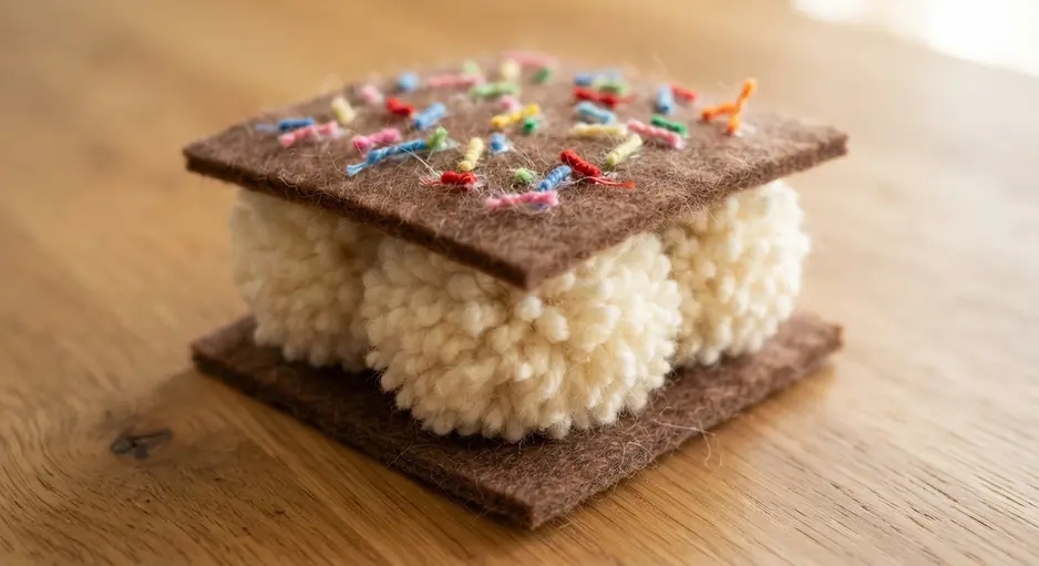 A thick vanilla-colored yarn pom pom sandwiched between two brown felt wafers with multicolored yarn sprinkles.