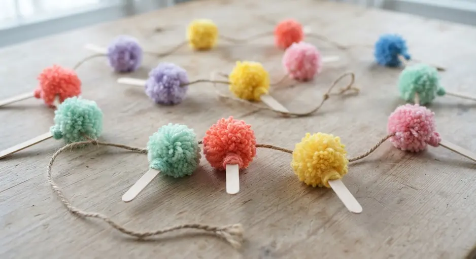 A string of colorful yarn pom pom popsicles on craft sticks, hanging in a row.