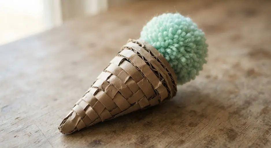 A cone made from woven strips of cardboard, topped with a single fluffy mint green yarn pom pom.