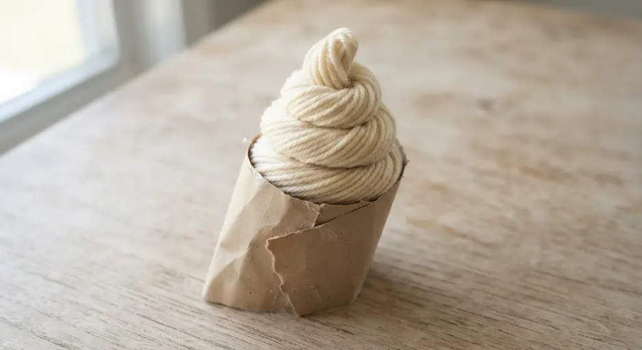 A tall, swirled vanilla-colored yarn pom pom in a simple paper cone.