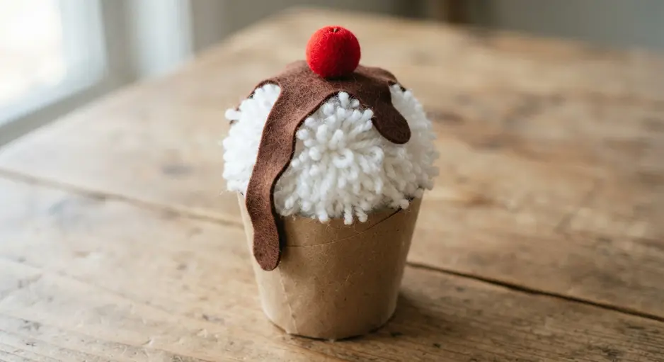 A white yarn pom pom scoop in a cone, drizzled with brown felt sauce and a red felt cherry.
