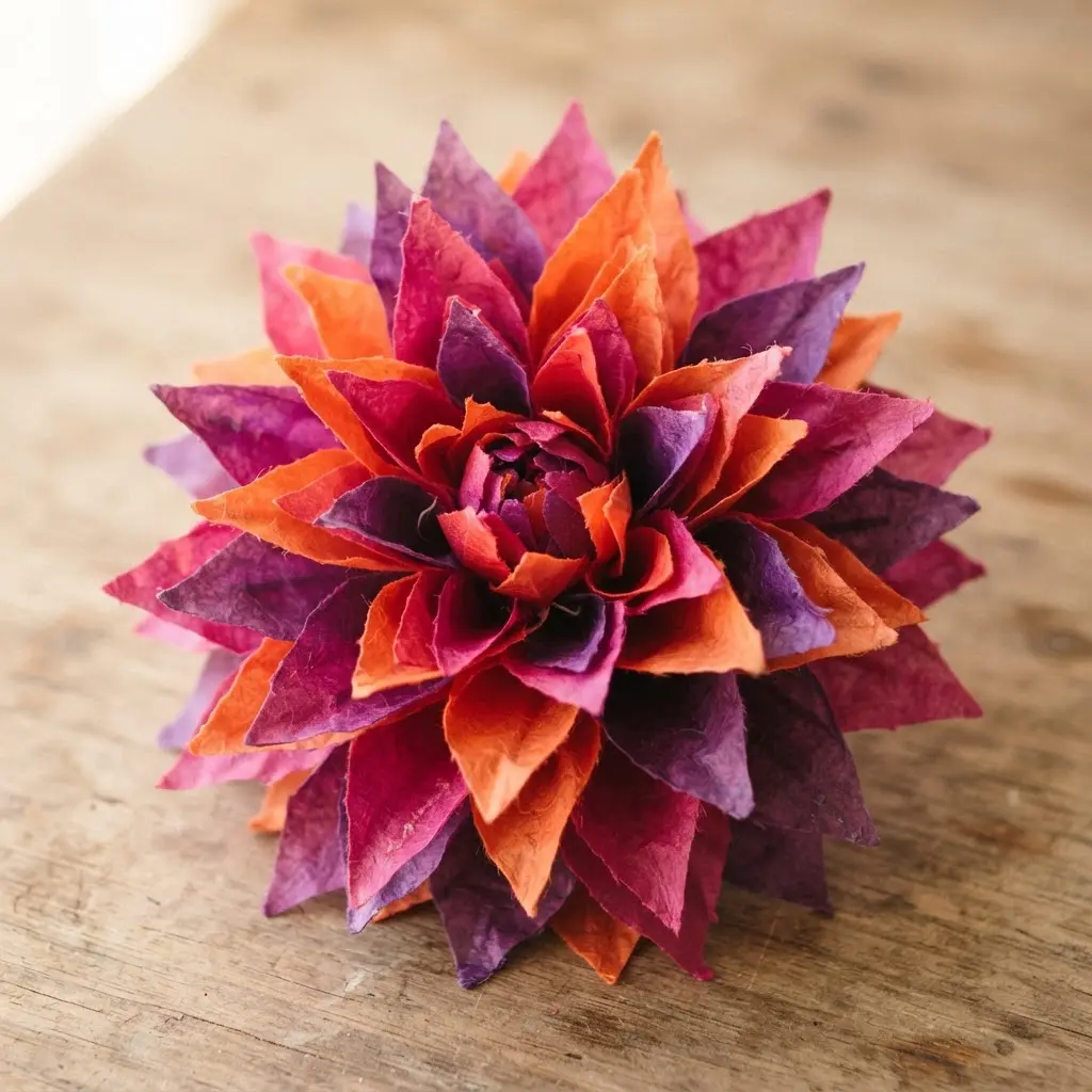 A vibrant tissue paper dahlia featuring layers of pointed petals in a gradient of colors.