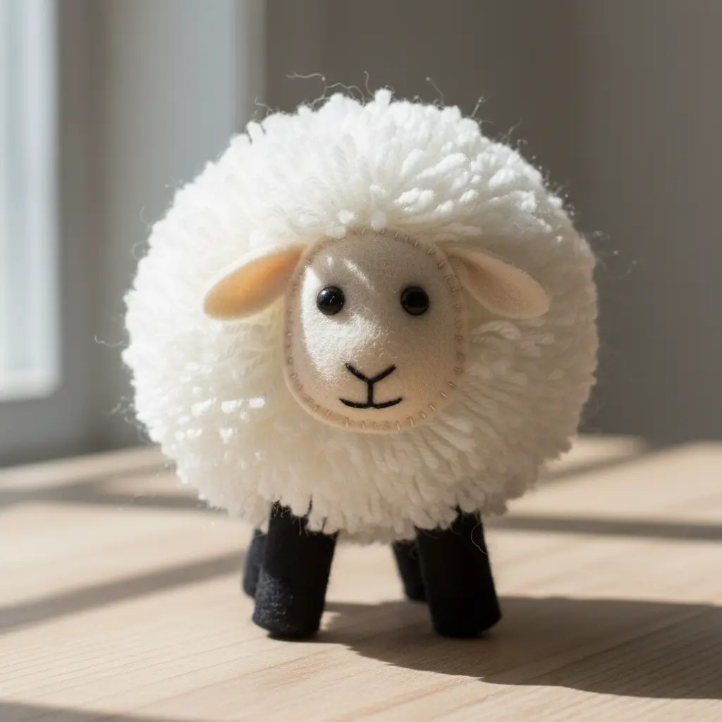 A small, white yarn pom pom sheep standing on four black felt legs with a simple felt face.