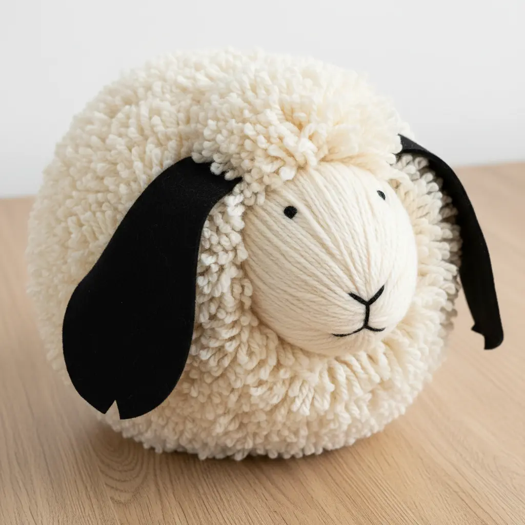 A big, fluffy white pom pom sheep plushie with large black felt ears and embroidered eyes.