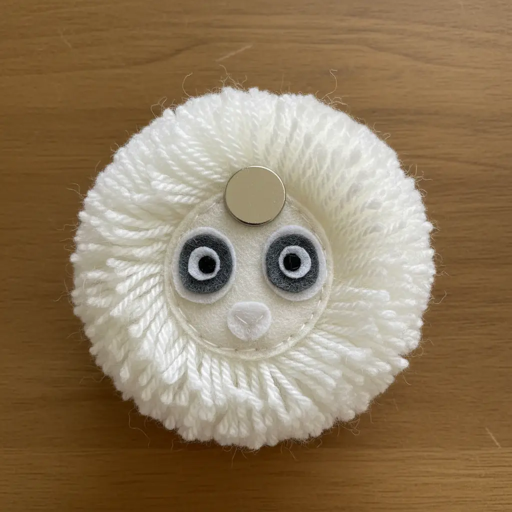 A white pom pom sheep with a detailed felt face attached to a circular magnet.