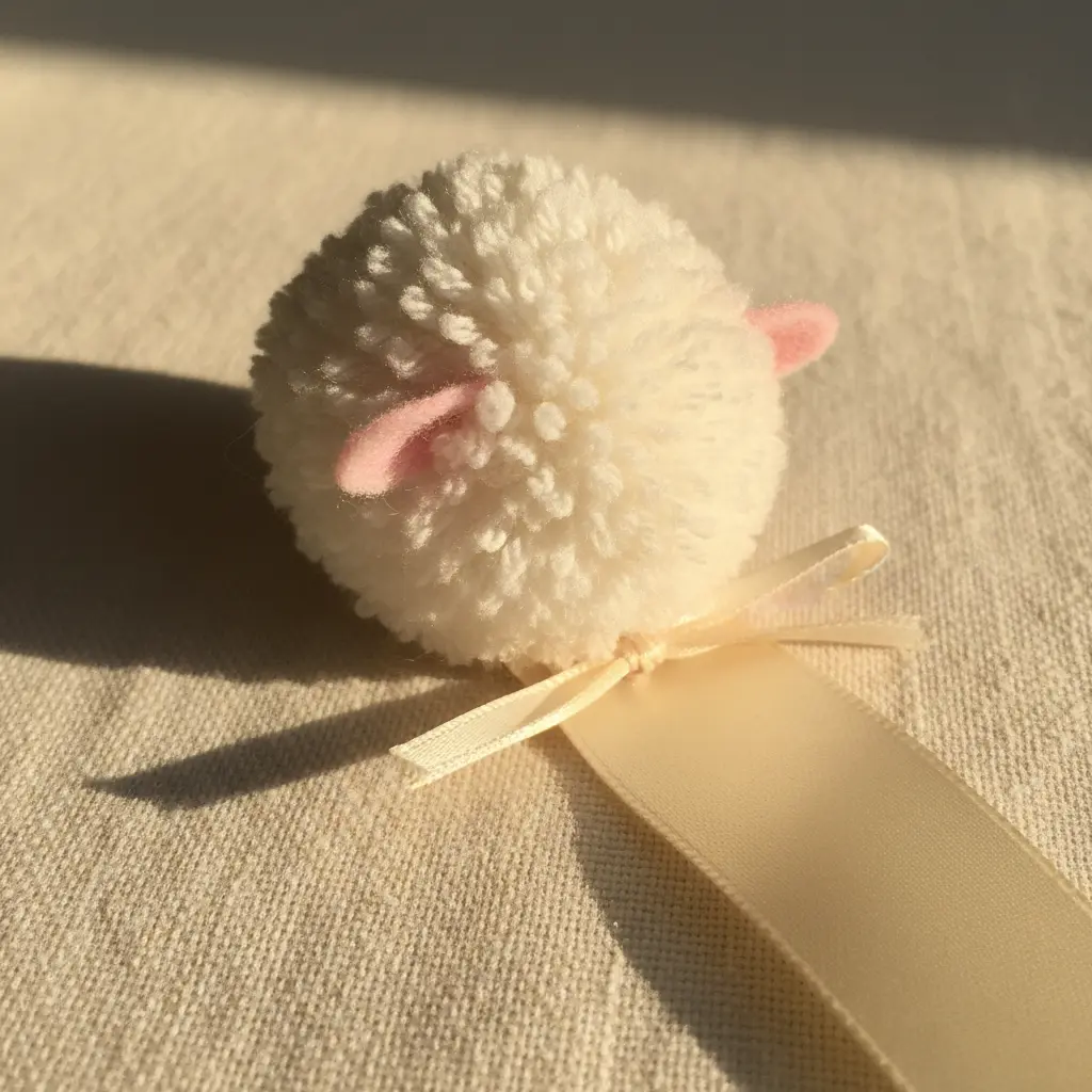 A cheerful white pom pom sheep with a pink felt face peeking over the edge of a satin ribbon bookmark.