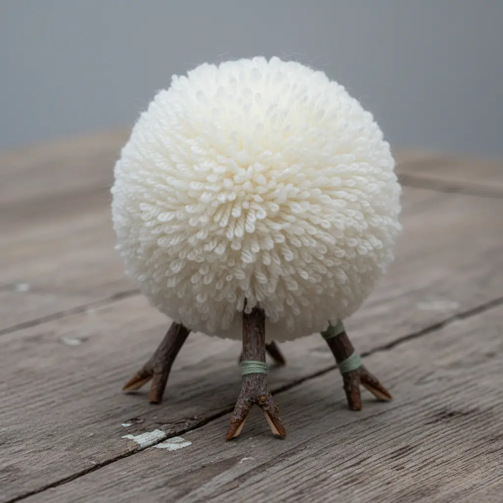 A fluffy white pom pom sheep body supported by four short, forked twigs for legs.