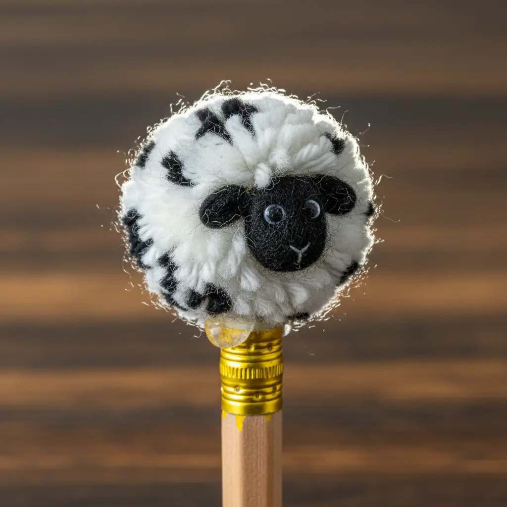 A small white and black pom pom sheep with a smiling face secured to the eraser end of a yellow pencil.