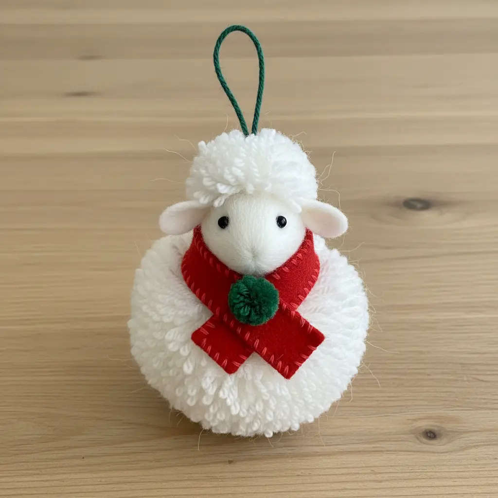 A white yarn pom pom sheep with a red felt scarf and a loop for hanging on a Christmas tree.