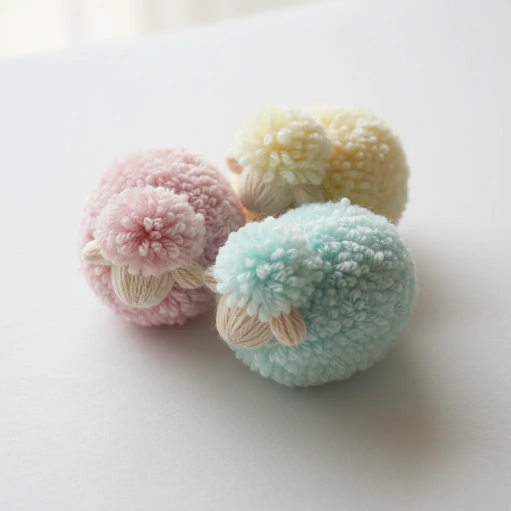 Three small pom pom sheep in soft pastel colors of pink, blue, and yellow arranged together.