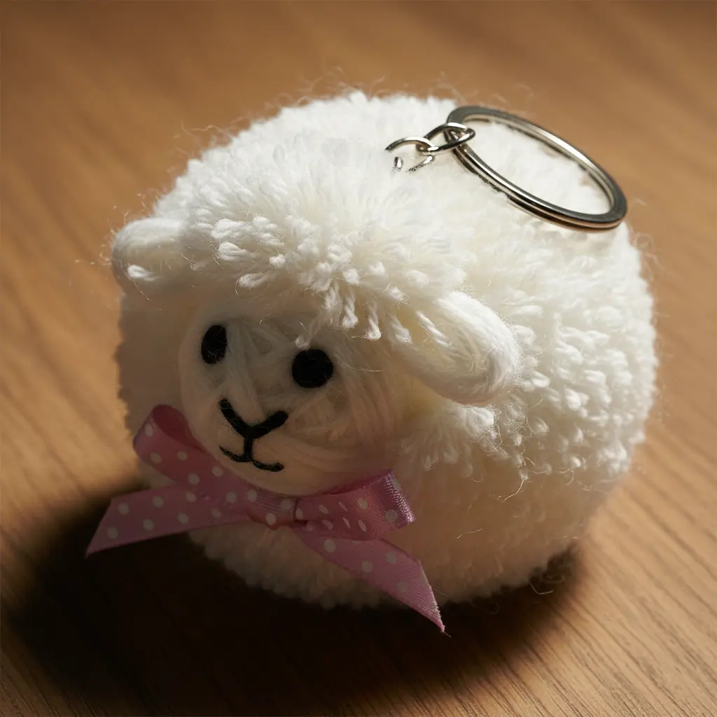 A white pom pom sheep with a black felt face wearing a polka dot ribbon collar, attached to a metal key ring.