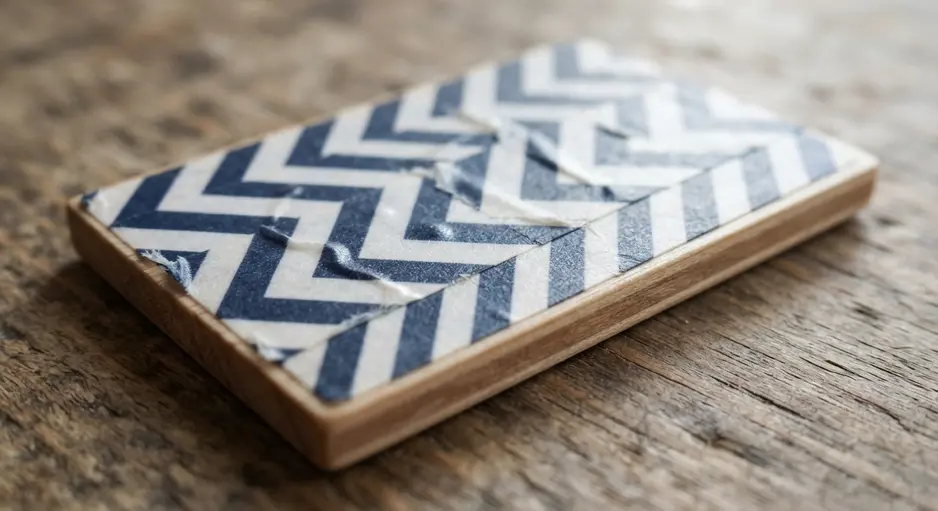 A rectangular wood pendant featuring a zigzag chevron pattern made from striped washi tape.