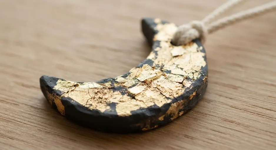 A black crescent moon pendant with cracked gold leaf accents on the surface.