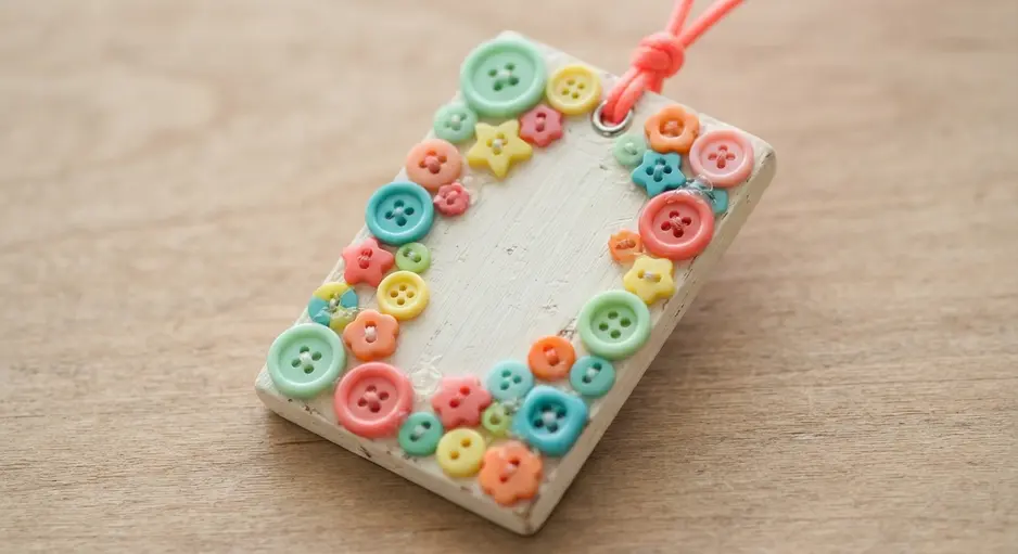 A wooden rectangle pendant painted white with a name and assorted colorful buttons glued on.