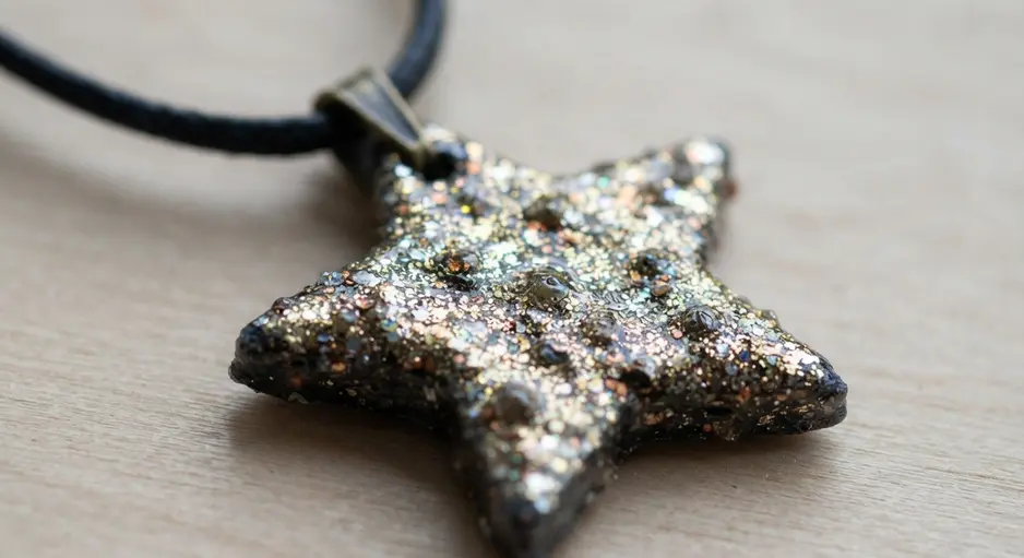 A gold glitter-covered star medallion made from shaped wood on a black necklace cord.