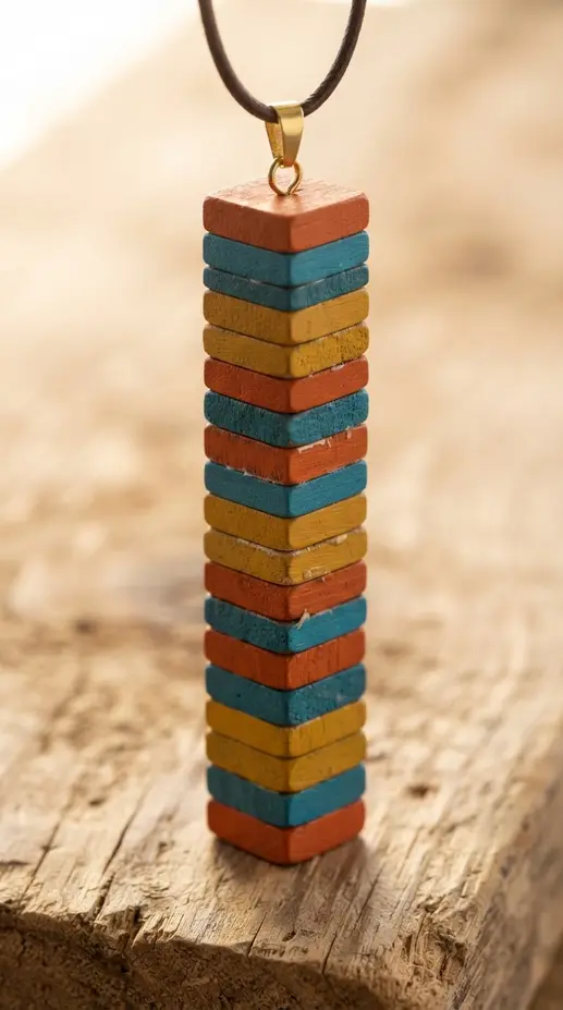 A vertical totem pendant made of stacked, alternating colored square wood pieces.