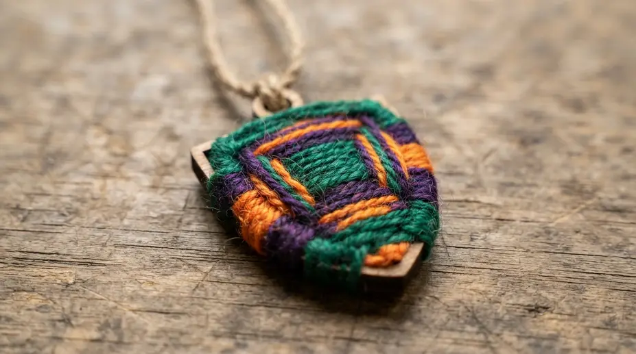 A shield-shaped pendant made from yarn-wrapped popsicle sticks in a rainbow pattern.