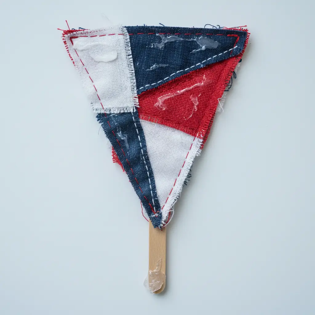 A triangular fabric pennant in flag colors attached to a popsicle stick to create a small banner.