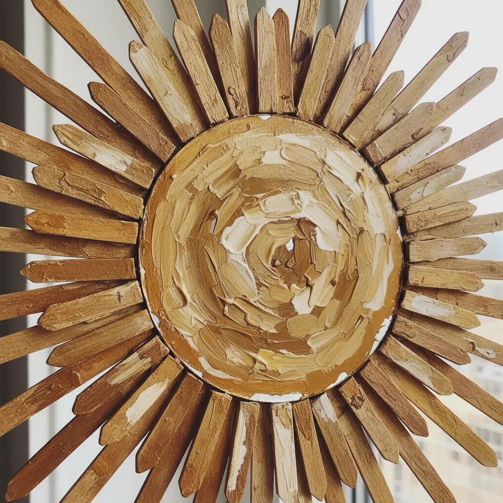 A circular wall mirror framed with radiating craft sticks painted in warm gold and bronze tones.