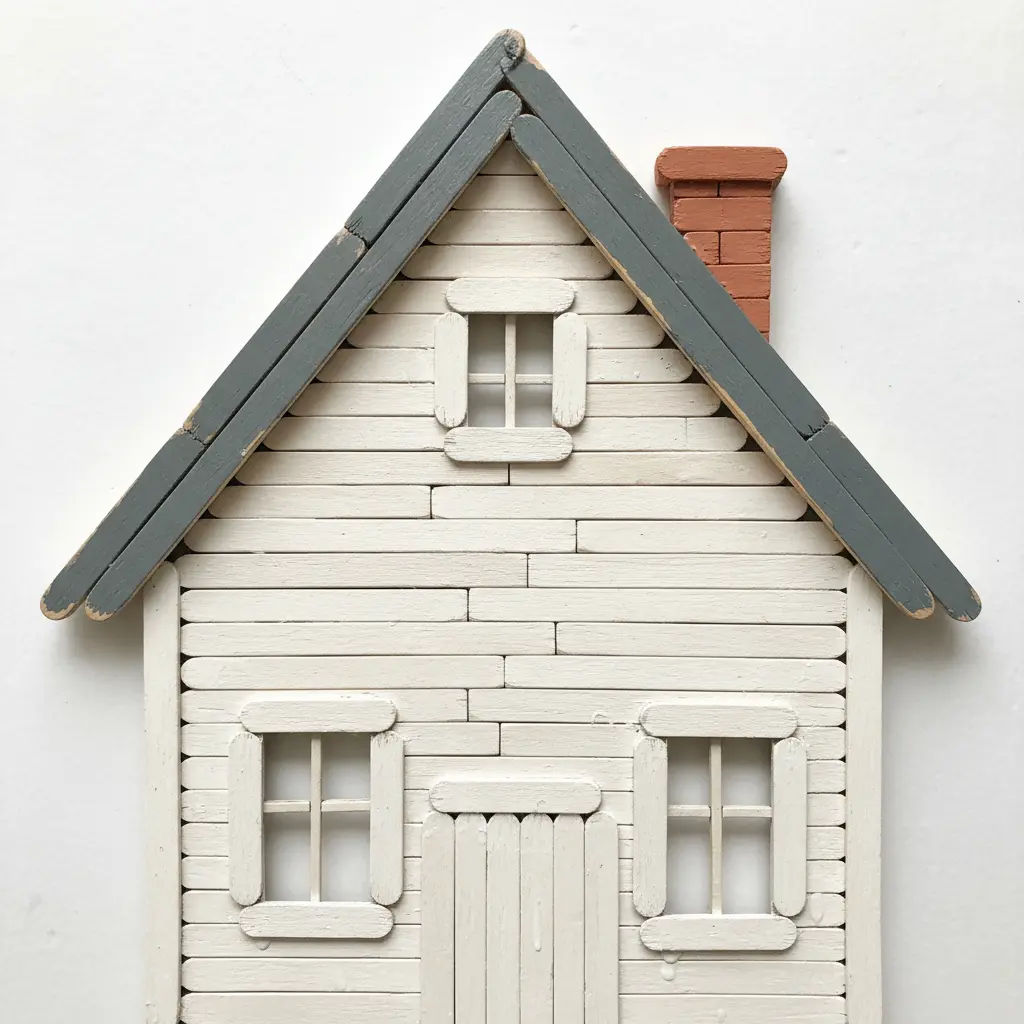 A small three-dimensional wall hanging shaped like a farmhouse with a pitched roof, tiny windows, and a painted white exterior.