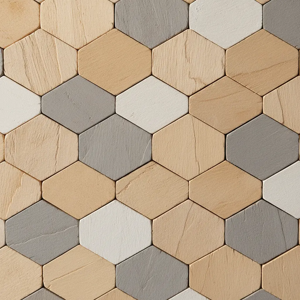 A honeycomb-style wall mosaic with interlocking hexagons made from craft sticks in beige and gray.