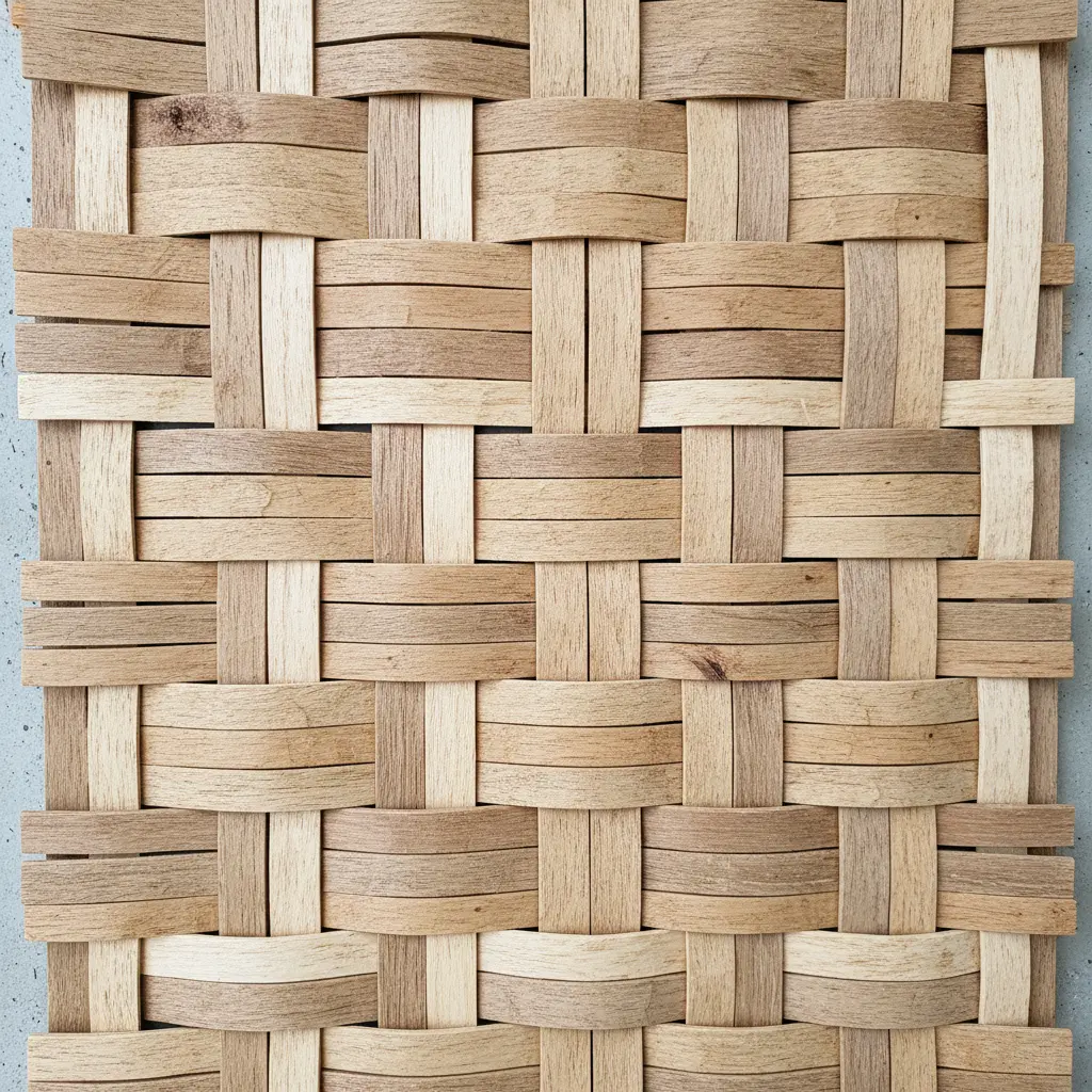A square wall panel with over-under woven craft sticks resembling a baskets weave, stained light brown.
