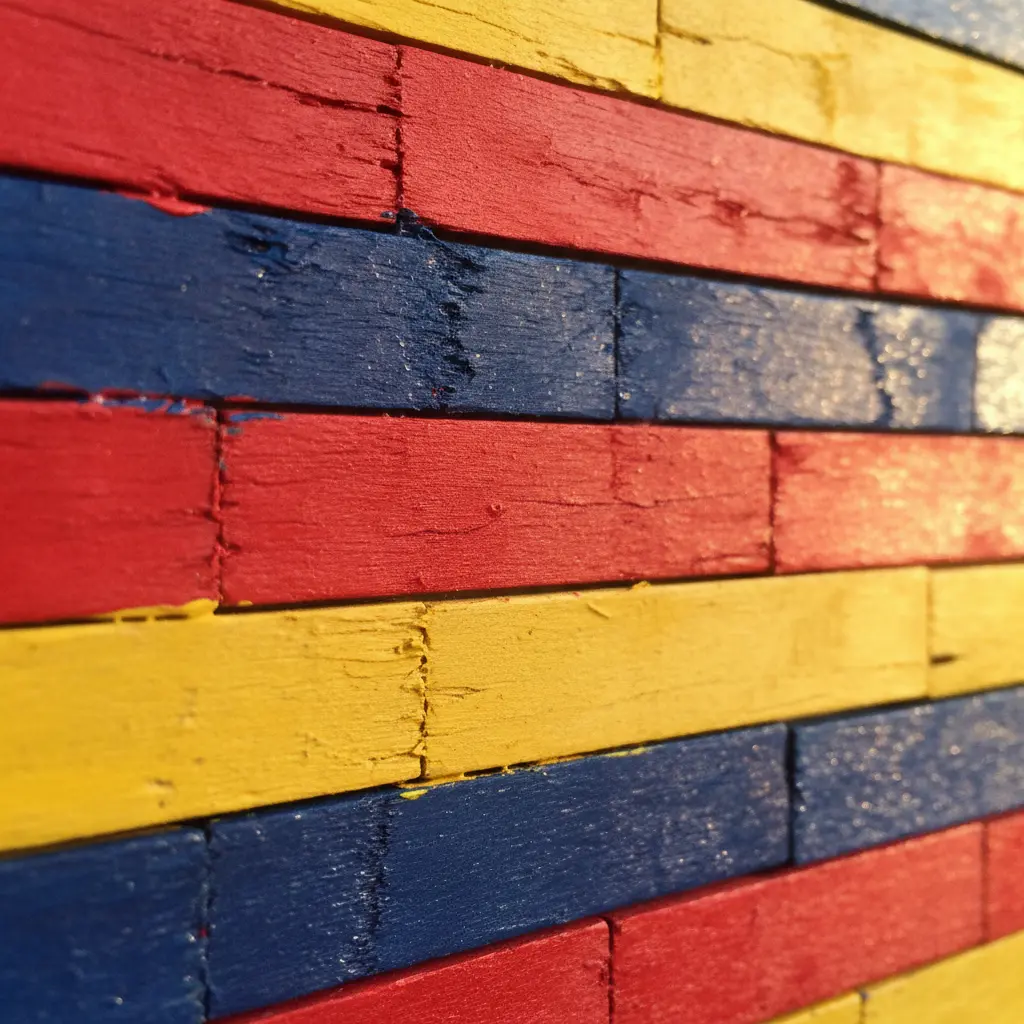 A rectangular wall plaque with raised craft sticks in red, yellow, and blue, creating a layered abstract pattern.