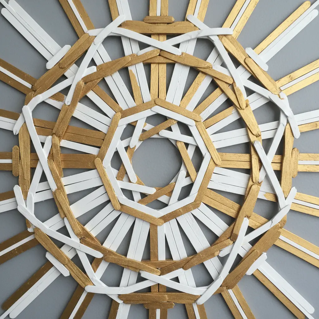 A large circular mandala design on the wall built from precisely arranged craft sticks painted white and gold.